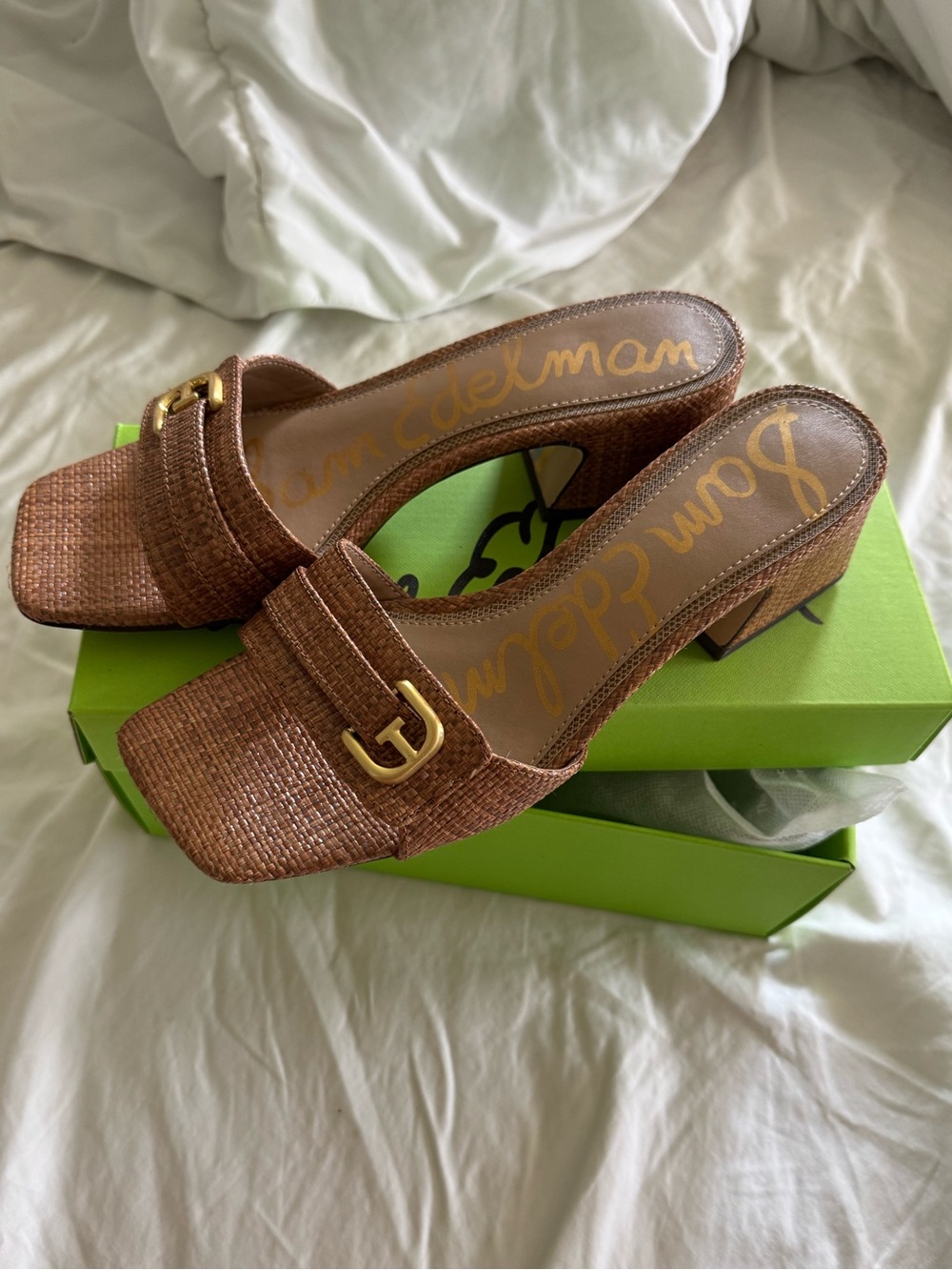 Sam Edelman raffia block heel mules, size 7